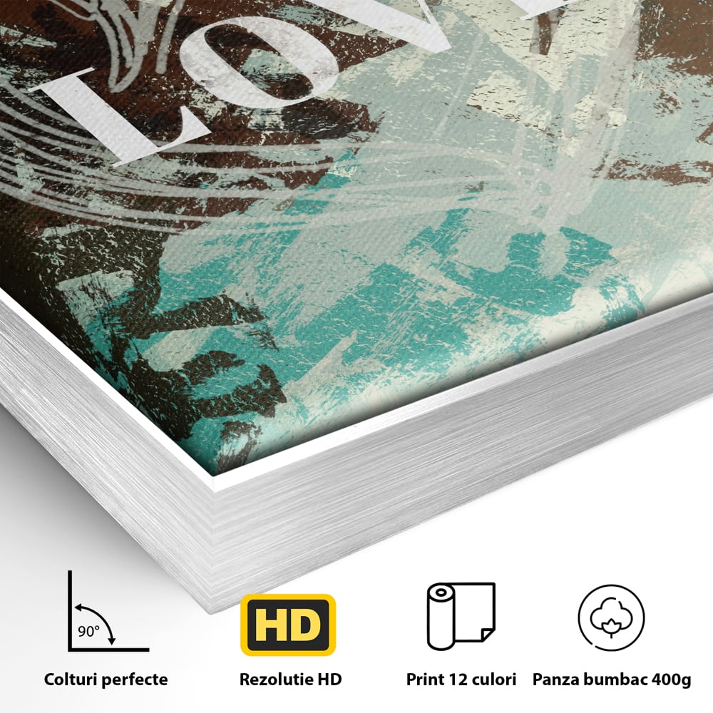 Detaliu al suprafetei: tablou canvas cu inima desenata si text, in rama de aluminiu argintiu